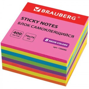 Блок самоклеящийся (стикер) "Brauberg. Неоновый", 76x76 мм, 400 листов, 8 цветов
